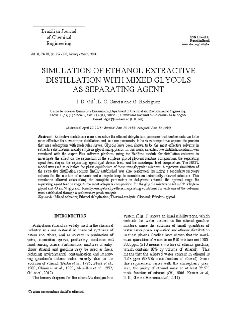 Simulation of Ethanol Extractive Distillation With Mixed Glycols As ...