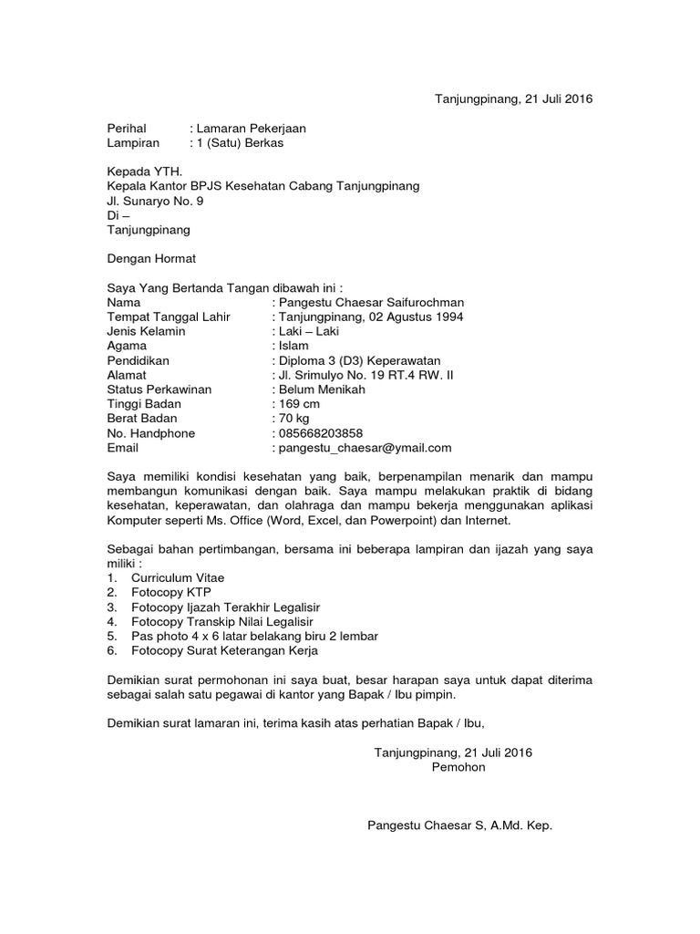 17 Surat Lamaran Bpjs