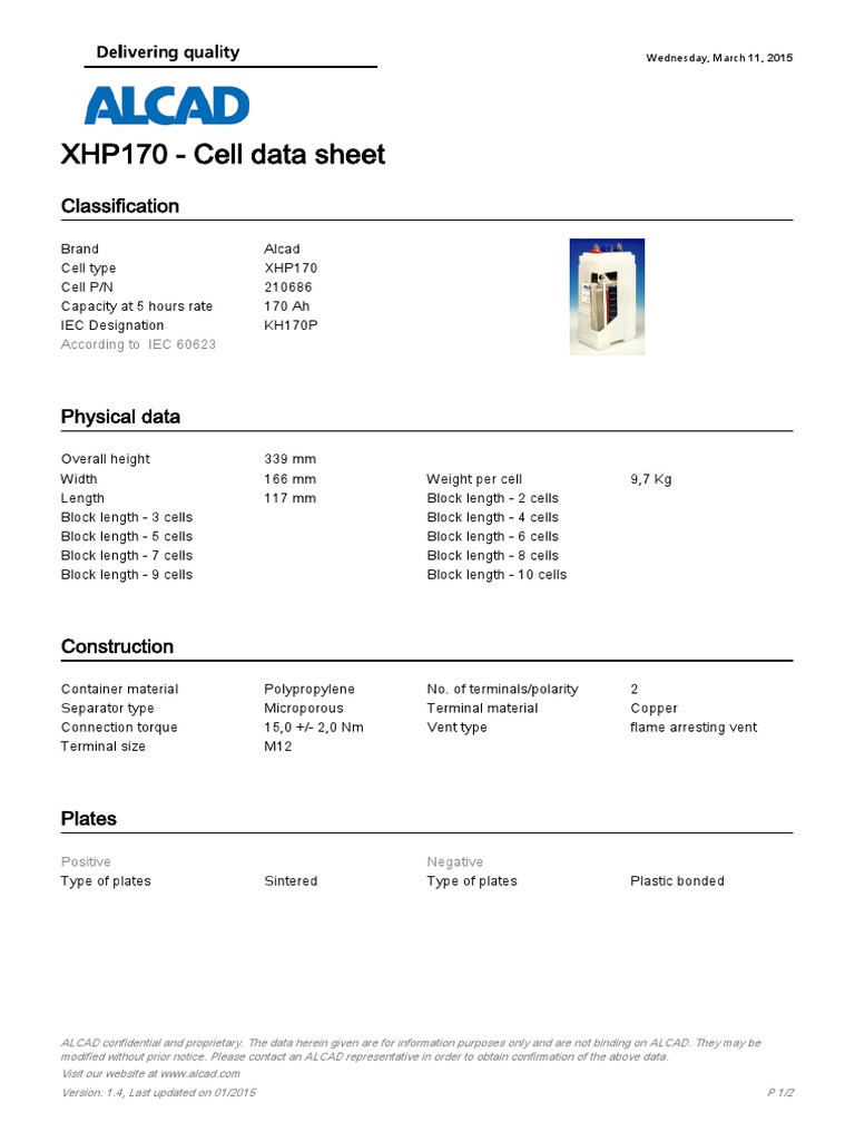 Alcad XHP170 Battery Specifications | PDF | Electricity | Electromagnetism