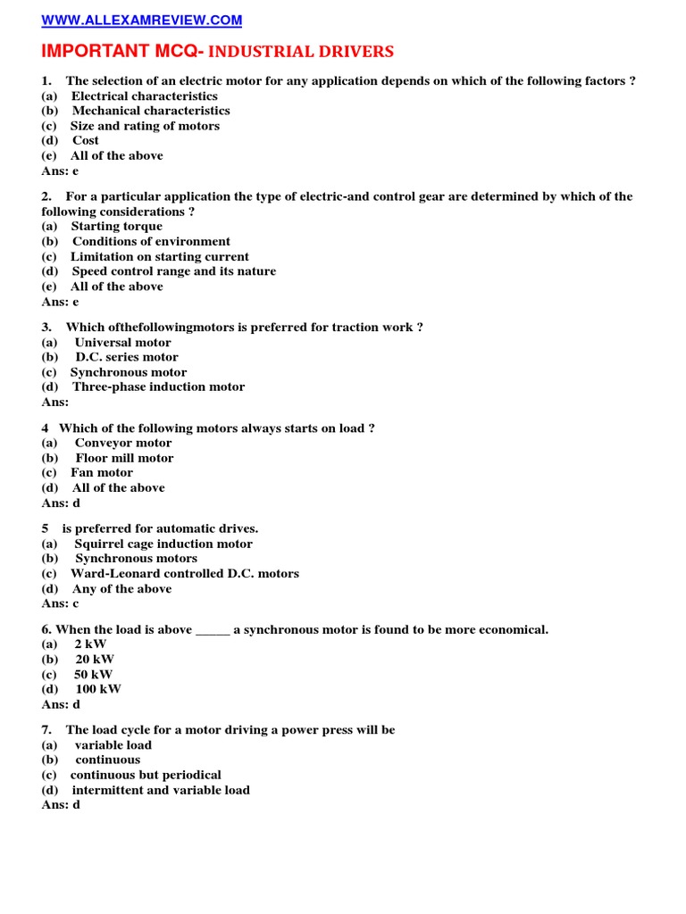 Important MCQ Industrial Drivers WWW PDF
