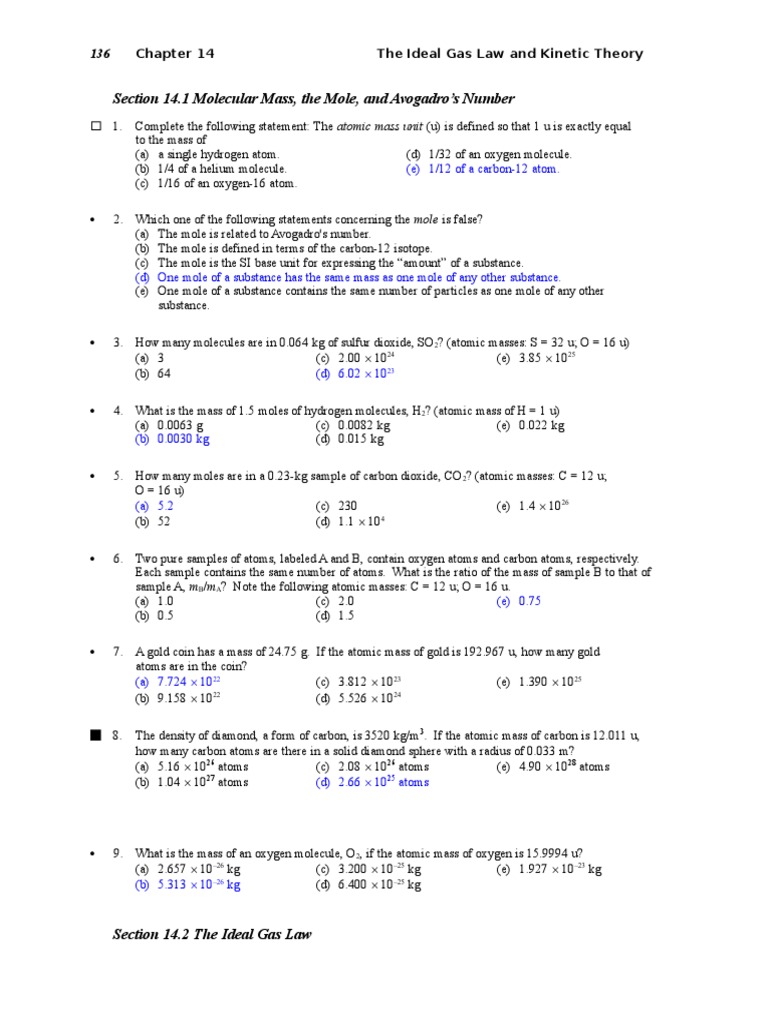 Ideal Gas Law and Kinetic Theory Quiz | PDF | Gases | Mole (Unit)