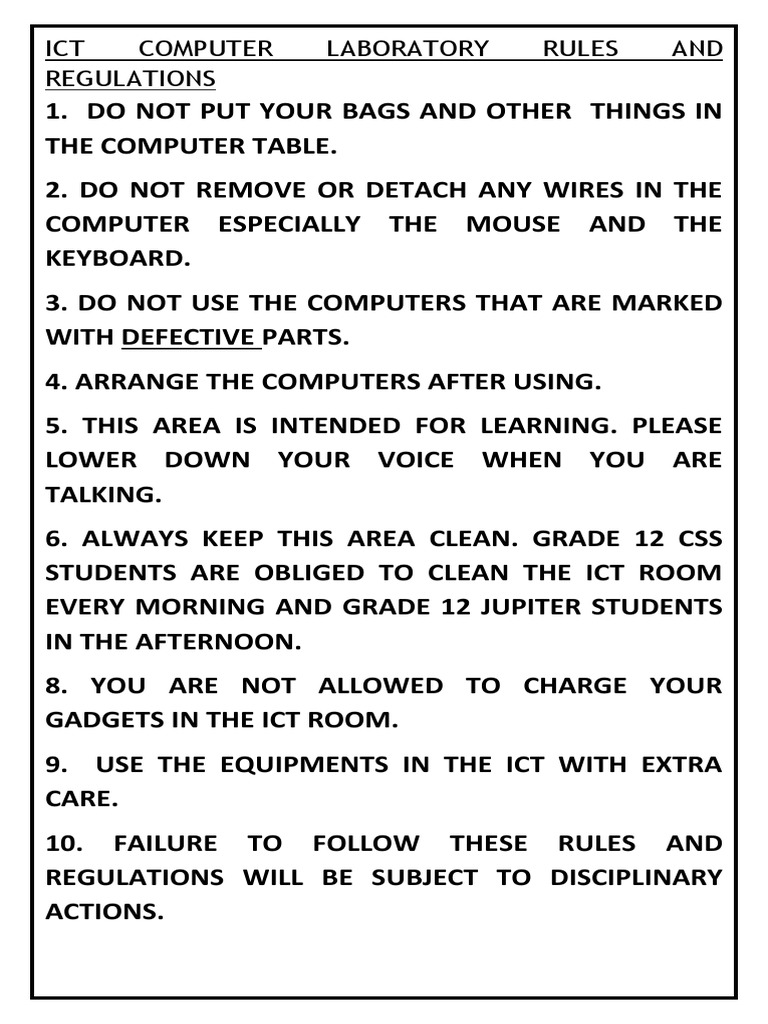 ICT Computer Laboratory Rules AND Regulations PDF Educational Technology Hardware