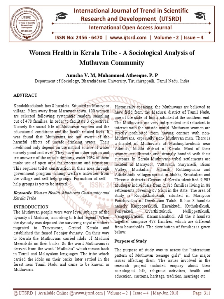 Women Health in Kerala Tribe - A Sociological Analysis of Muthuvan ...