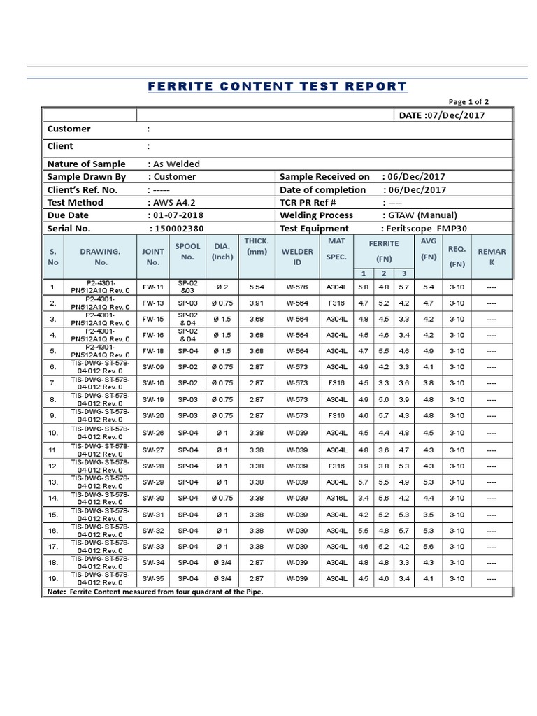 Ferrite Content Report PDF Industrial Gases Procedural Knowledge