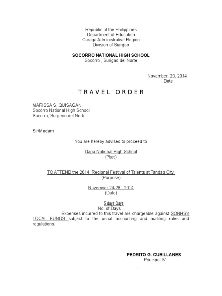 Travel Order for Regional Festival 2014 | PDF