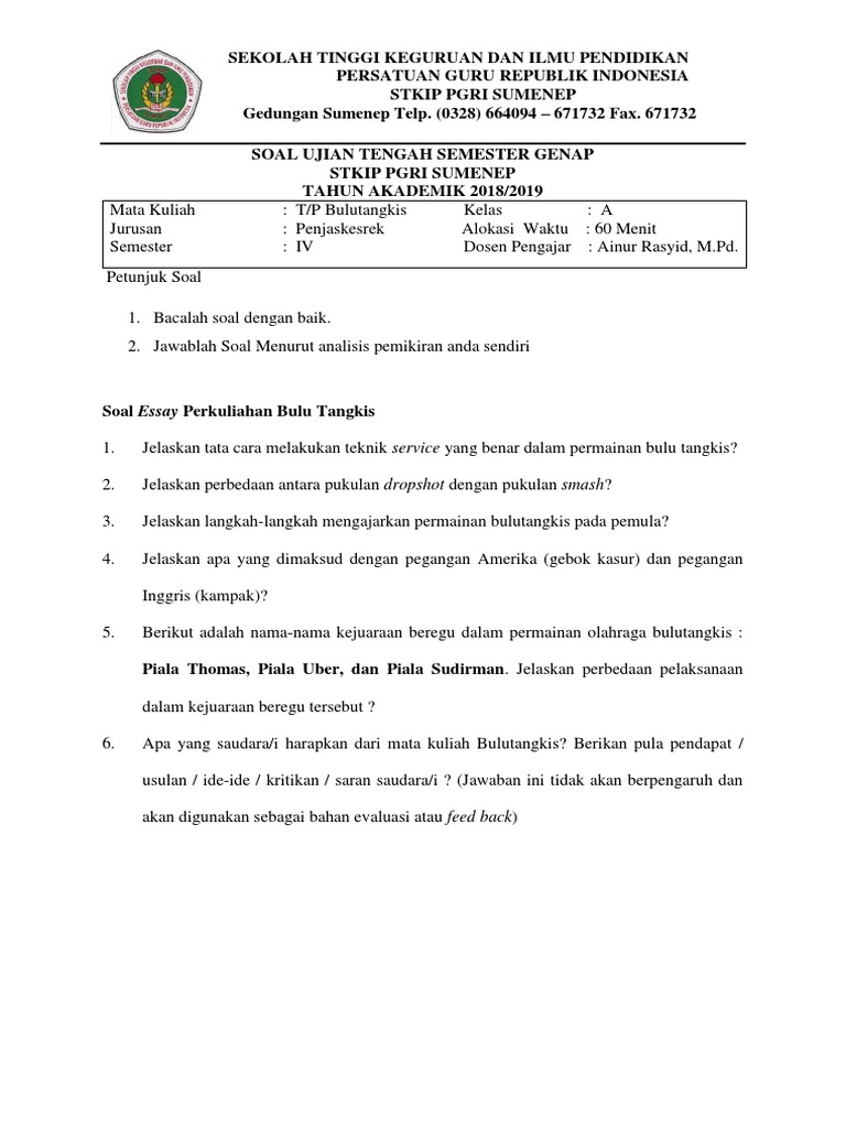 Soal Essay Perkuliahan Bulu Tangkis