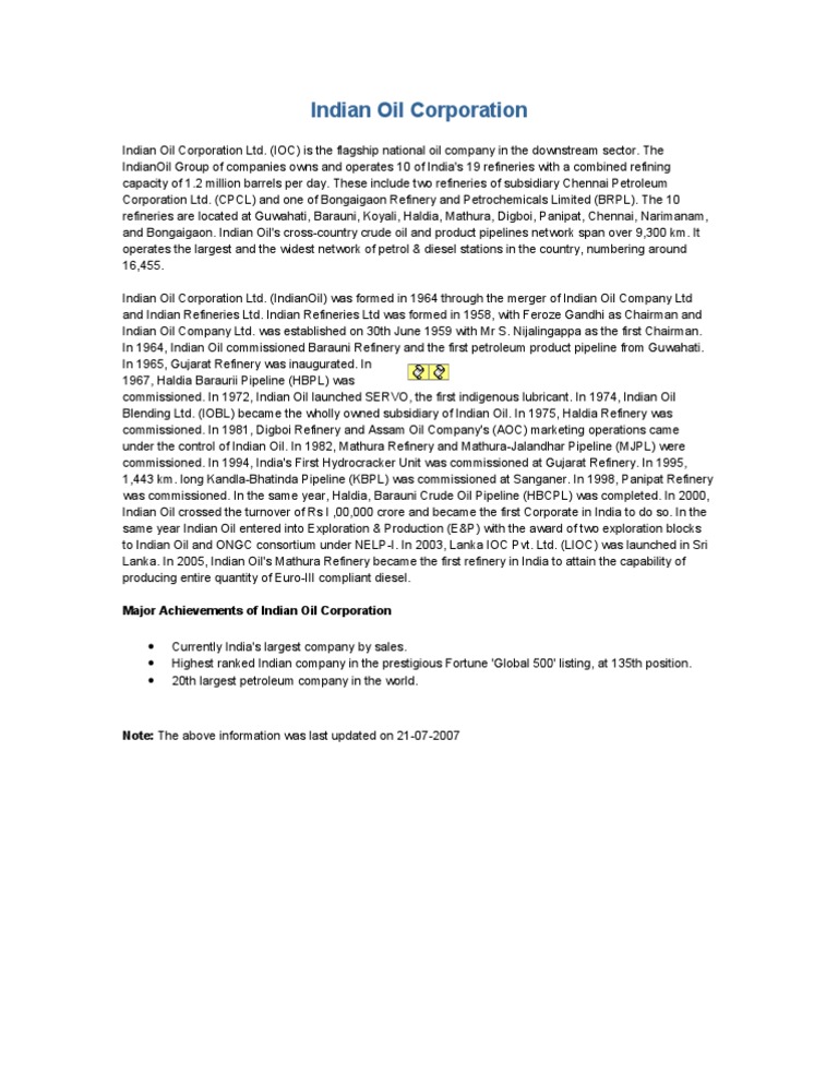 Indian Oil Corporation Overview | PDF | Oil Refinery | Fuels