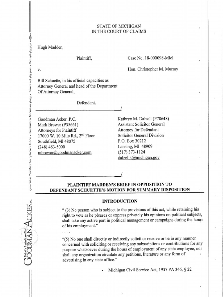 Madden Brief in Opposition to Motion for Summary Disposition