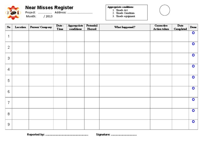 Near Miss Register Template | PDF