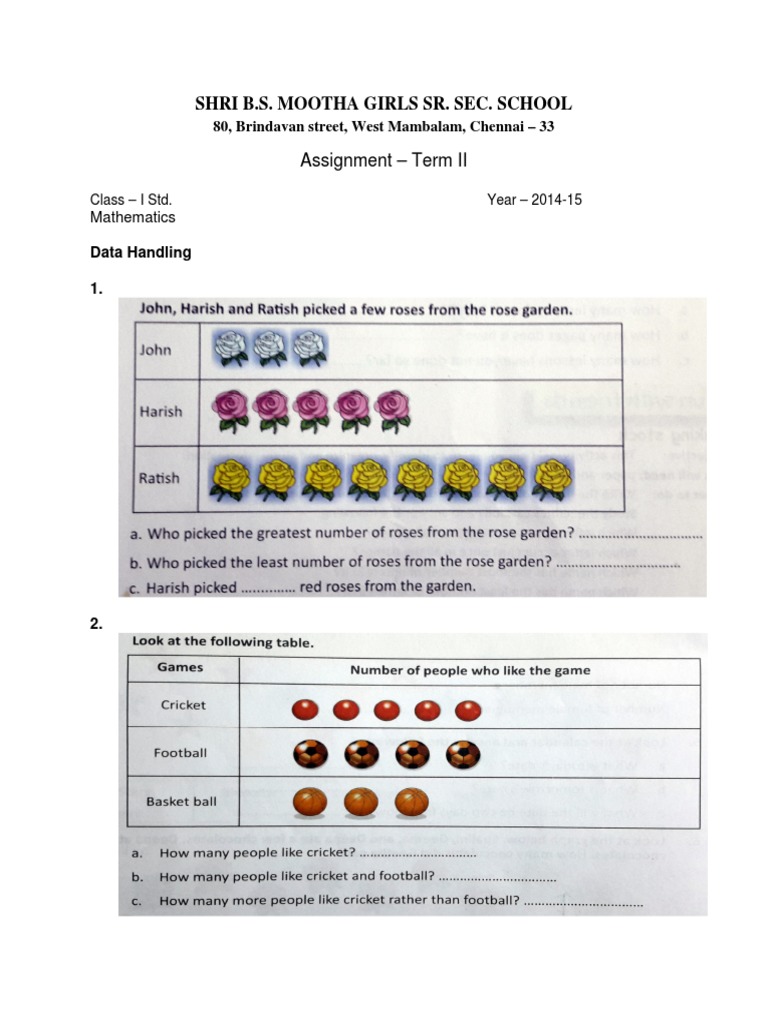 Class I Mathematics Data Handling Assignment | PDF | Teaching Mathematics