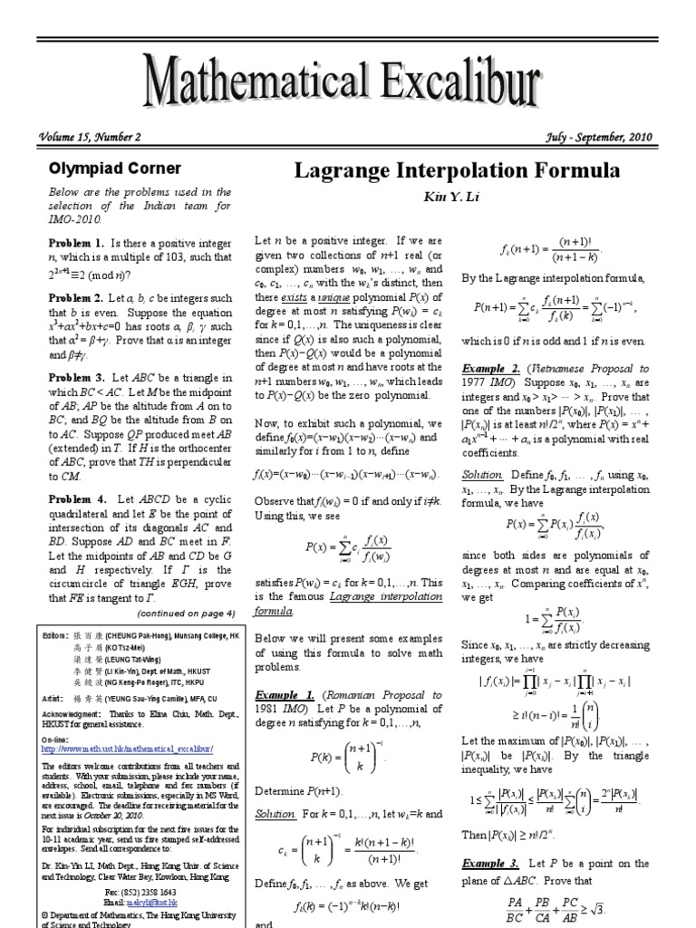 Lagrange Interpolation Formula: Olympiad Corner | PDF