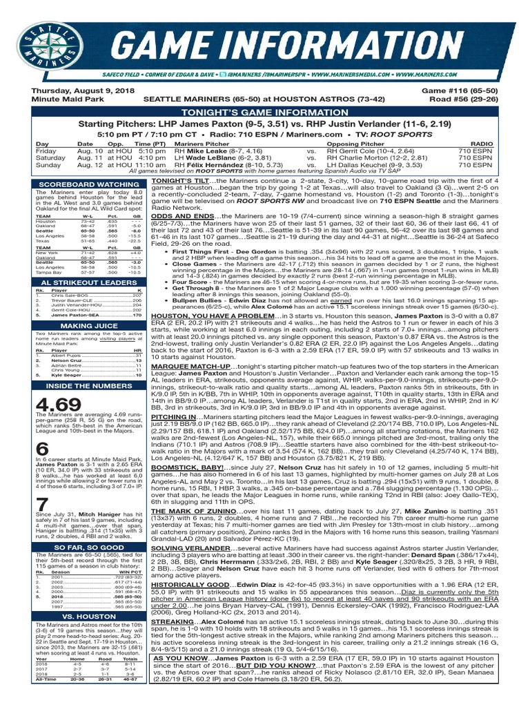 08.09.18 Game Notes | PDF | Baseball Pitching | Ball And Bat Games