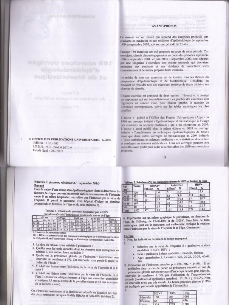 168 Exercices Corriges En Epidemiologie Et Biostatistiques