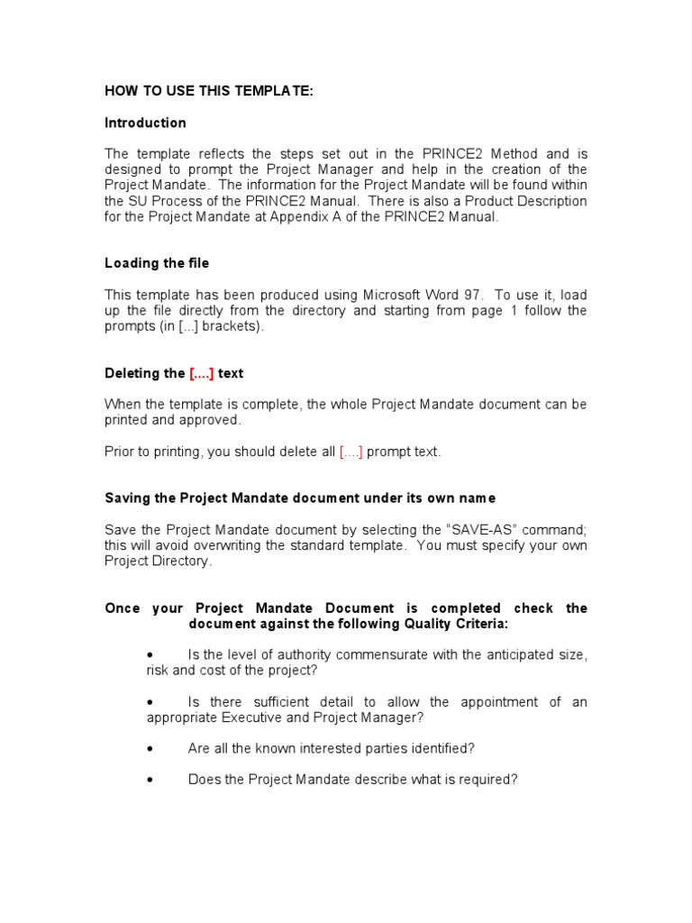 Prince2 Project Mandate Template | Interface (Computing) | Computer File