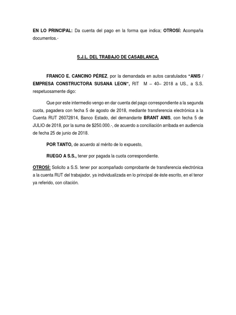 Da cuenta de pago laboral en audiencia | PDF | Derecho