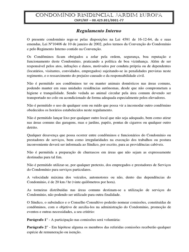 Regulamento Interno Condominio Jardim Europa Condomínio