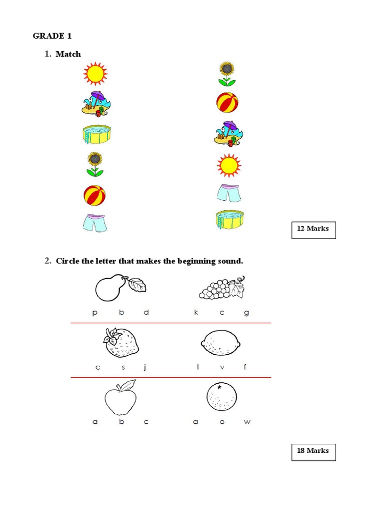 Grade 1 Match: 12 Marks | PDF