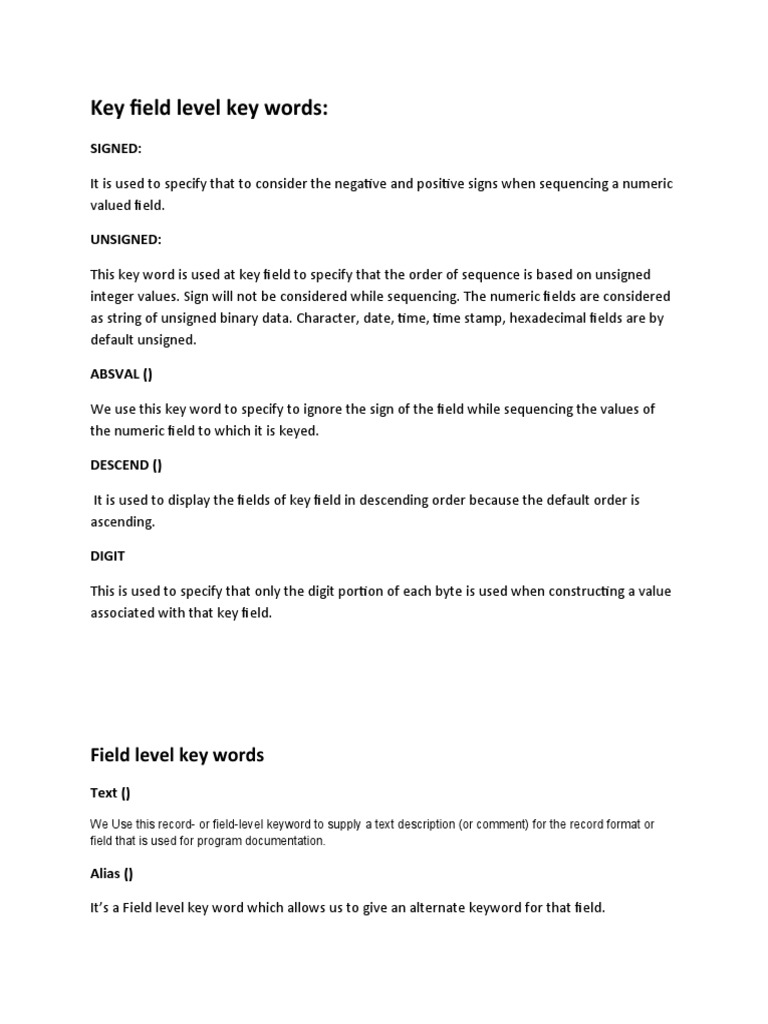 Key Field Level Key Words:: Signed | PDF | Computer Engineering ...