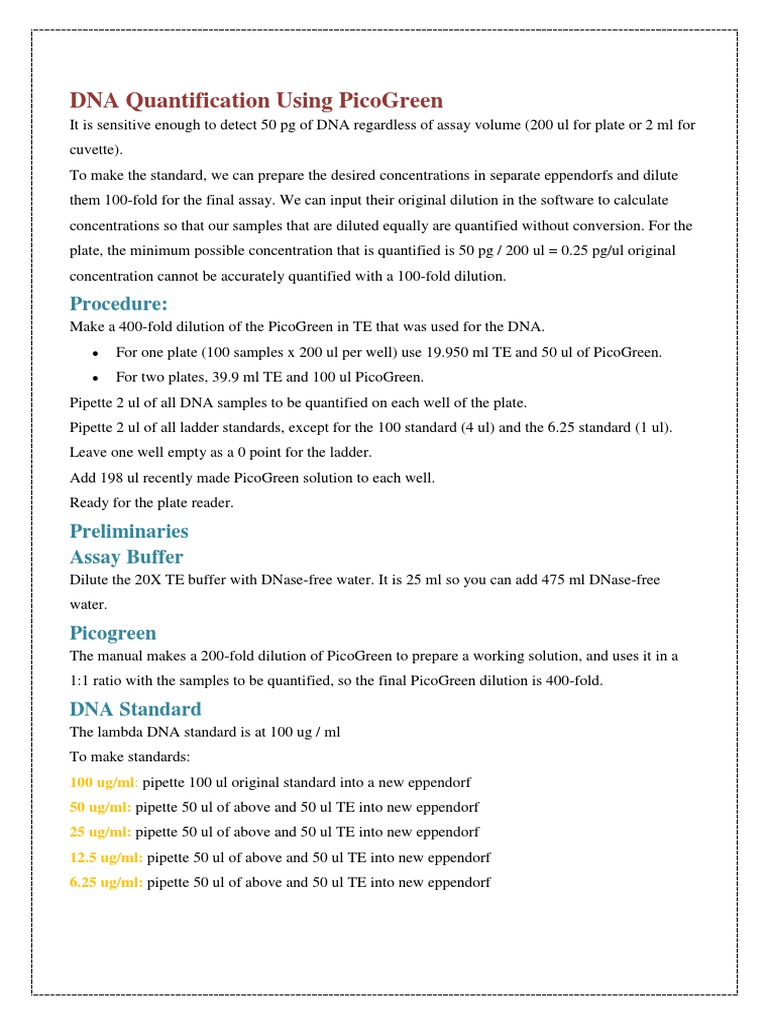 DNA Quantification Using PicoGreen | PDF | Cooking, Food & Wine ...