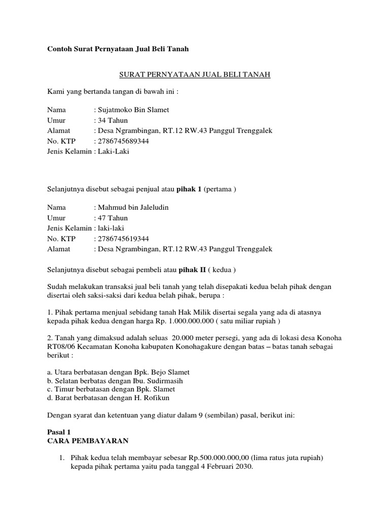 Contoh Surat Pernyataan Jual Beli Tanahdocx