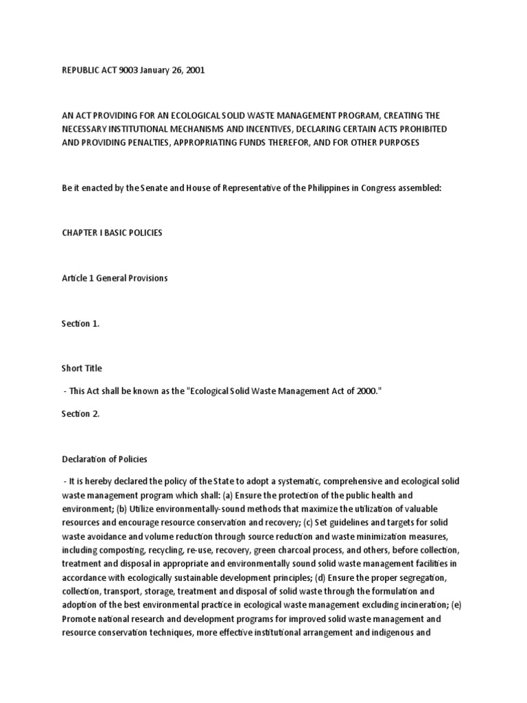 Ecological Solid Waste Management Act | PDF | Waste Management | Waste