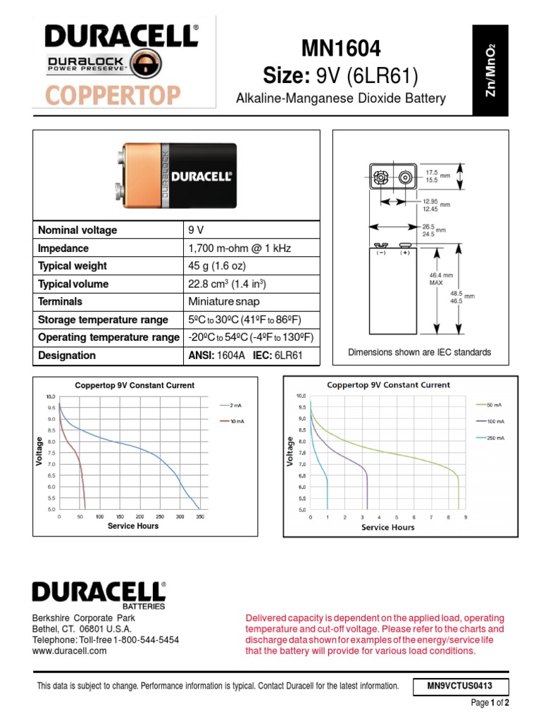 Duracell Coppertop 9V PDF Battery (Electricity) Electrical