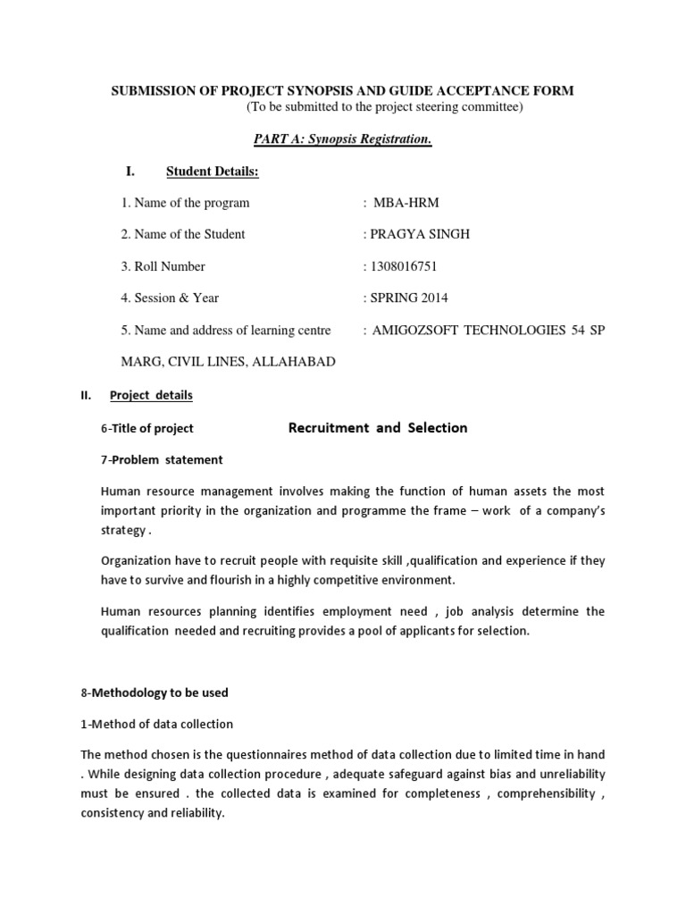 Submission of Project Synopsis and Guide Acceptance Form: PART A ...