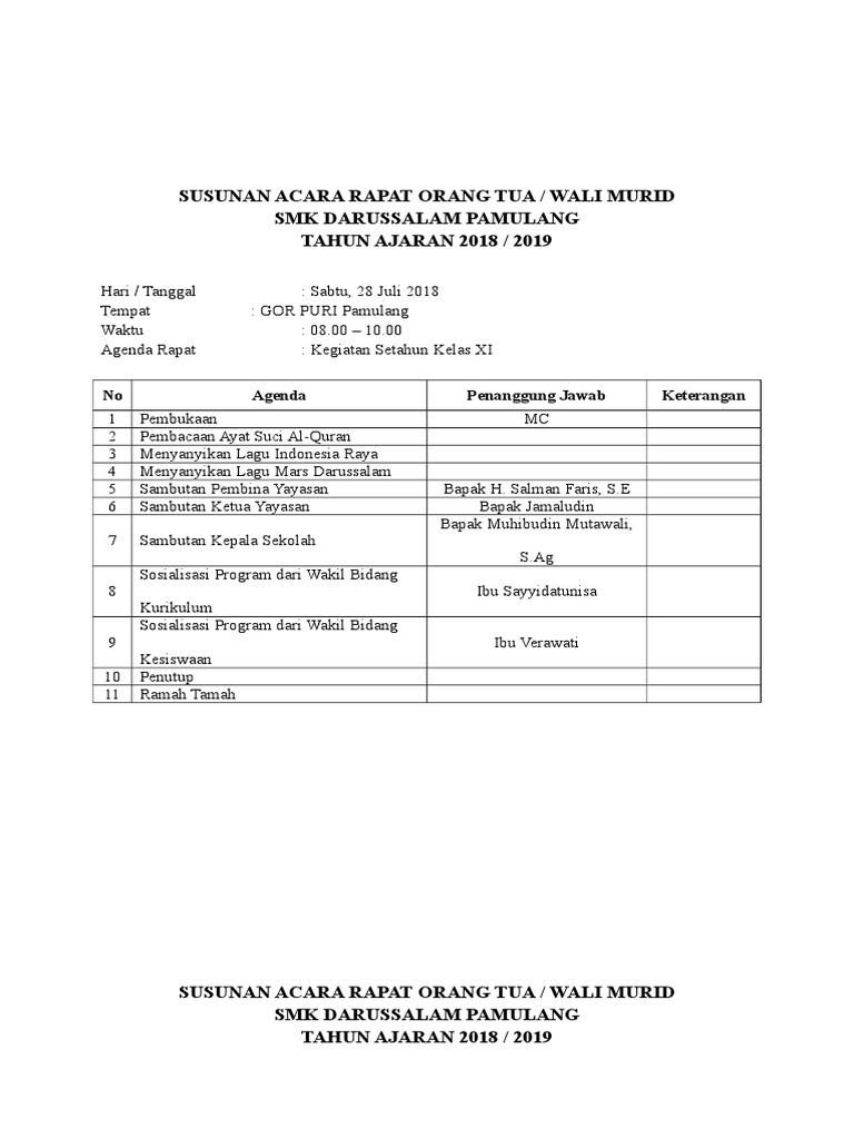 Contoh Susunan Acara Rapat Sekolah Kunci Soal