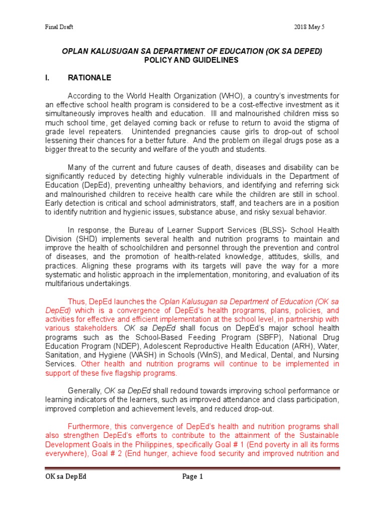 Ok Sa Deped Draft 6 May 5 Pdf Health Education Hygiene