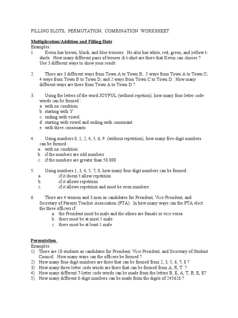 worksheet Permutations And Combinations Worksheet With Answers combinatorics worksheet ephemera gaming devices