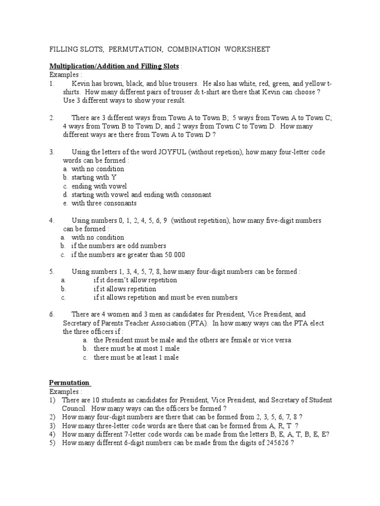 Combinatorics Worksheet  PDF  Playing Cards  Gaming Devices Within Permutations And Combinations Worksheet