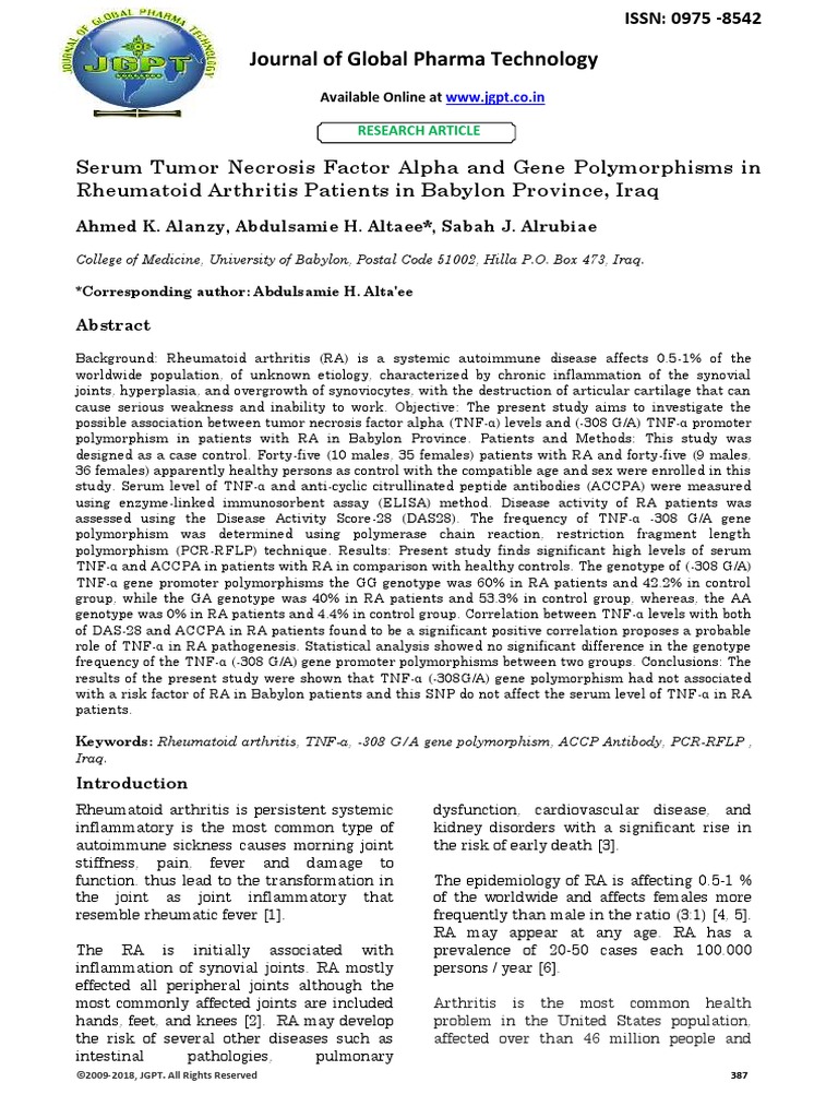 Serum Tumor Necrosis Factor Alpha and Gene Polymorphisms in Rheumatoid ...