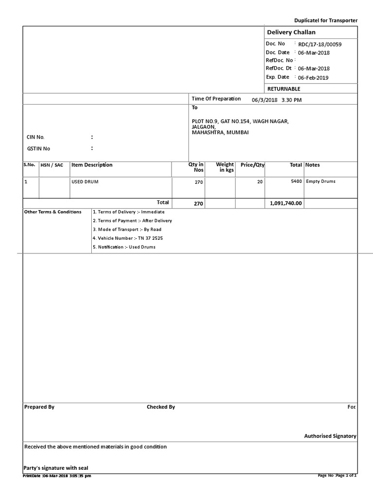 Transporter Delivery Document | PDF | Services (Economics) | Transport