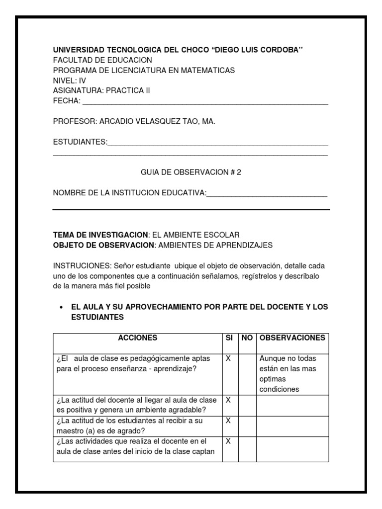 Guía de Observación Docente en Aula | PDF | Salón de clases | Maestros