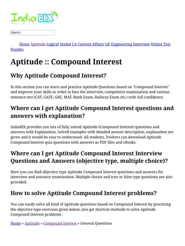Compound Interest Aptitude Questions And Answers Pdf Compound Interest Test Assessment