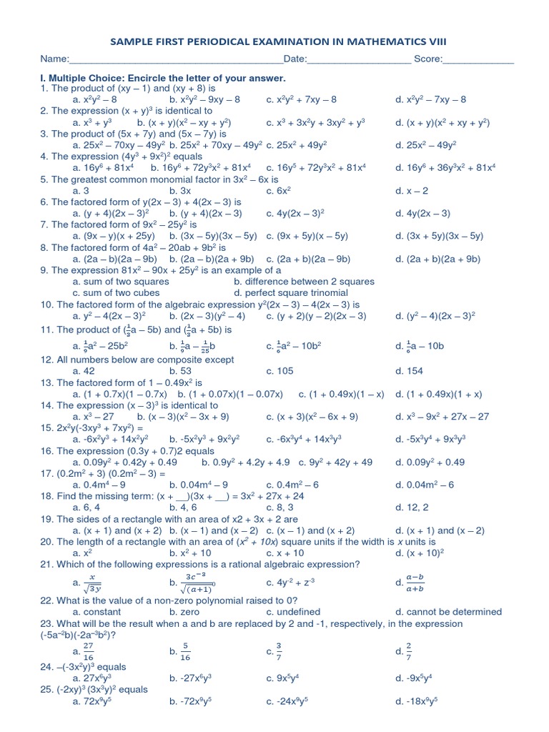Math 8 First PT (Blue) | PDF | Mathematical Analysis | Algebra