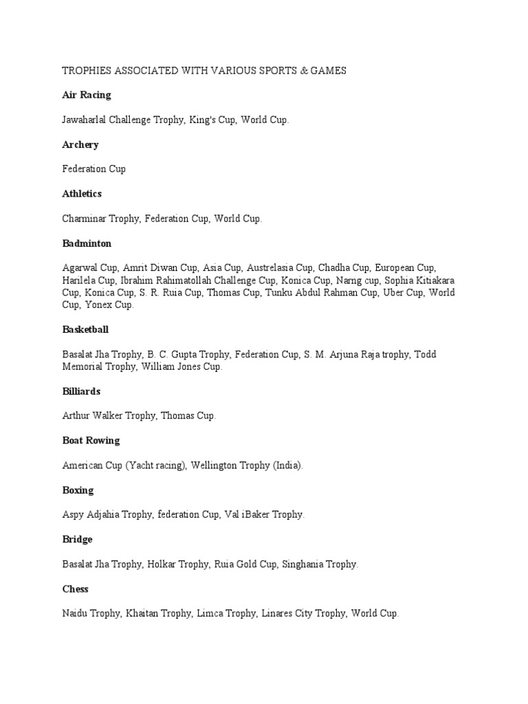 Trophies Associated With Various Sports & Games | PDF | Sports | Sports ...