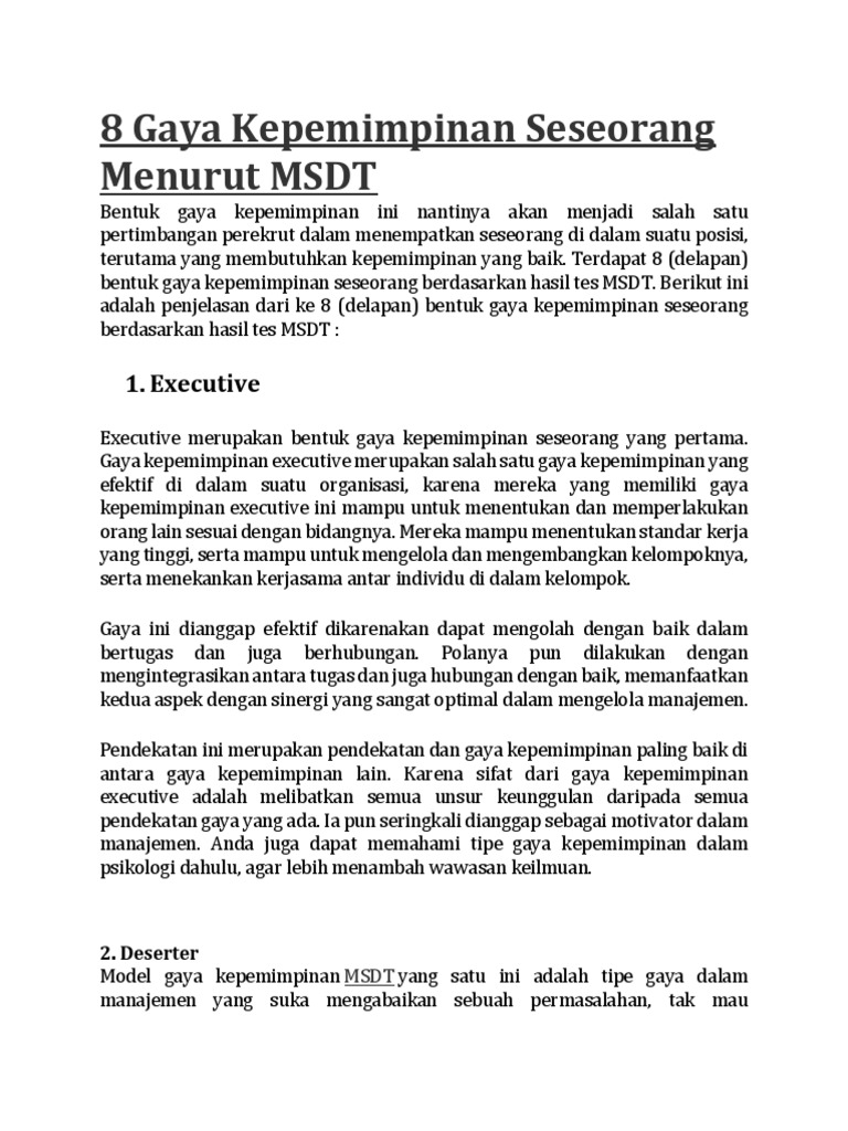 8 Tipe Gaya Kepemimpinan MSDT | PDF