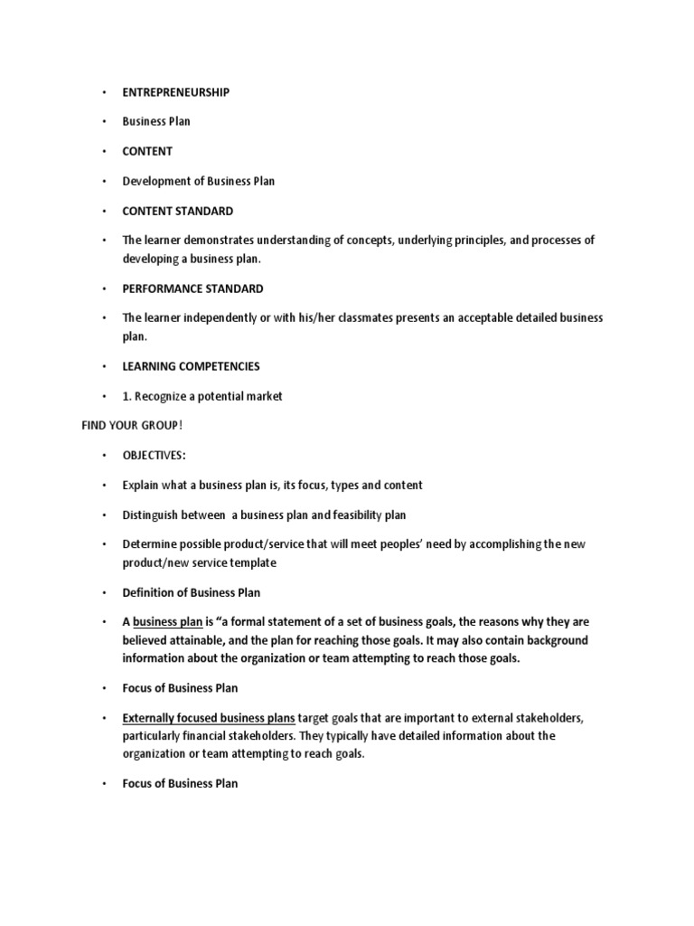 content for business plan