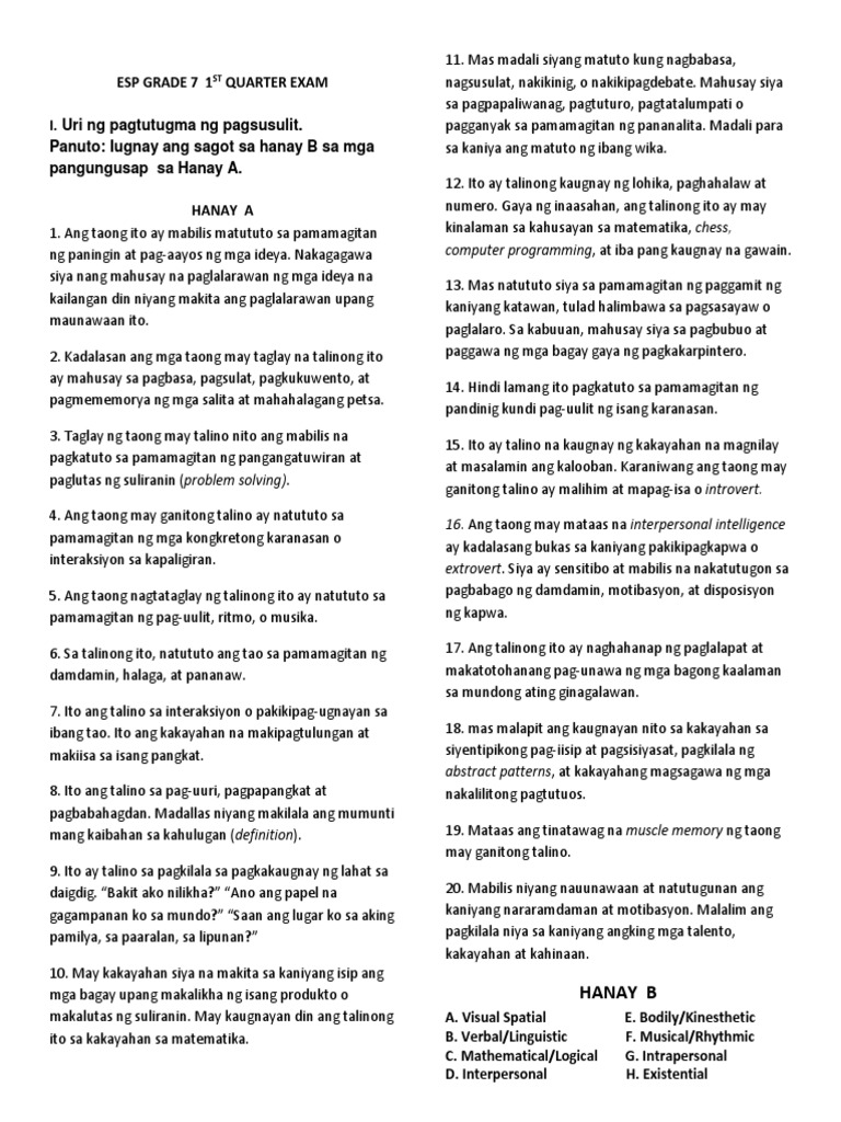 Esp 7 1st Quarter Exam 2016 | PDF