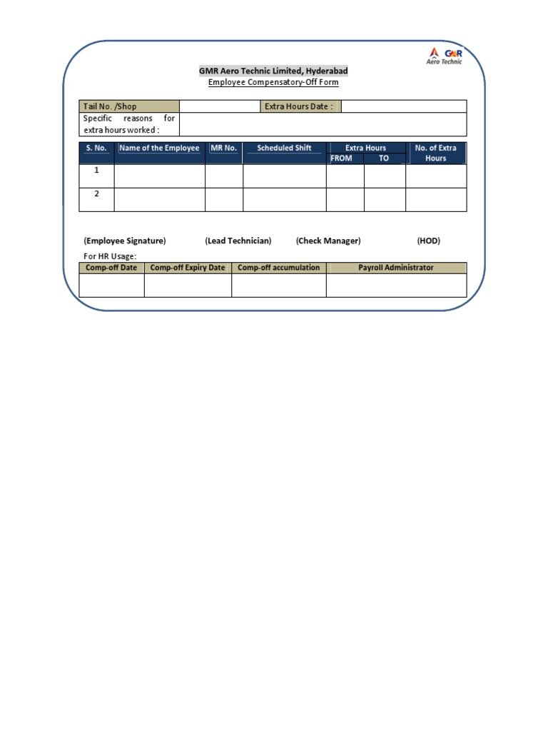 Employee Compensatory-Off Form Tail No. /shop Extra Hours Date ...