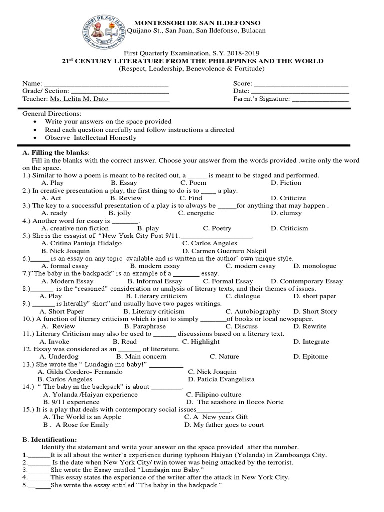21ST CENTURY First Quarter Exam  PDF  Essays