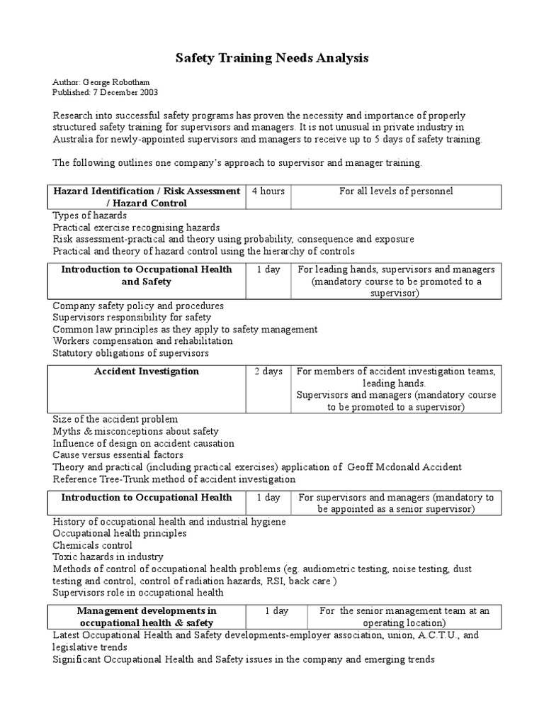 Safety Training Needs Analysis6 Occupational Safety And Health Safety