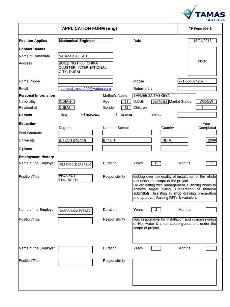 Mechanical Engineer Application Form | PDF | Engineer | United Arab ...