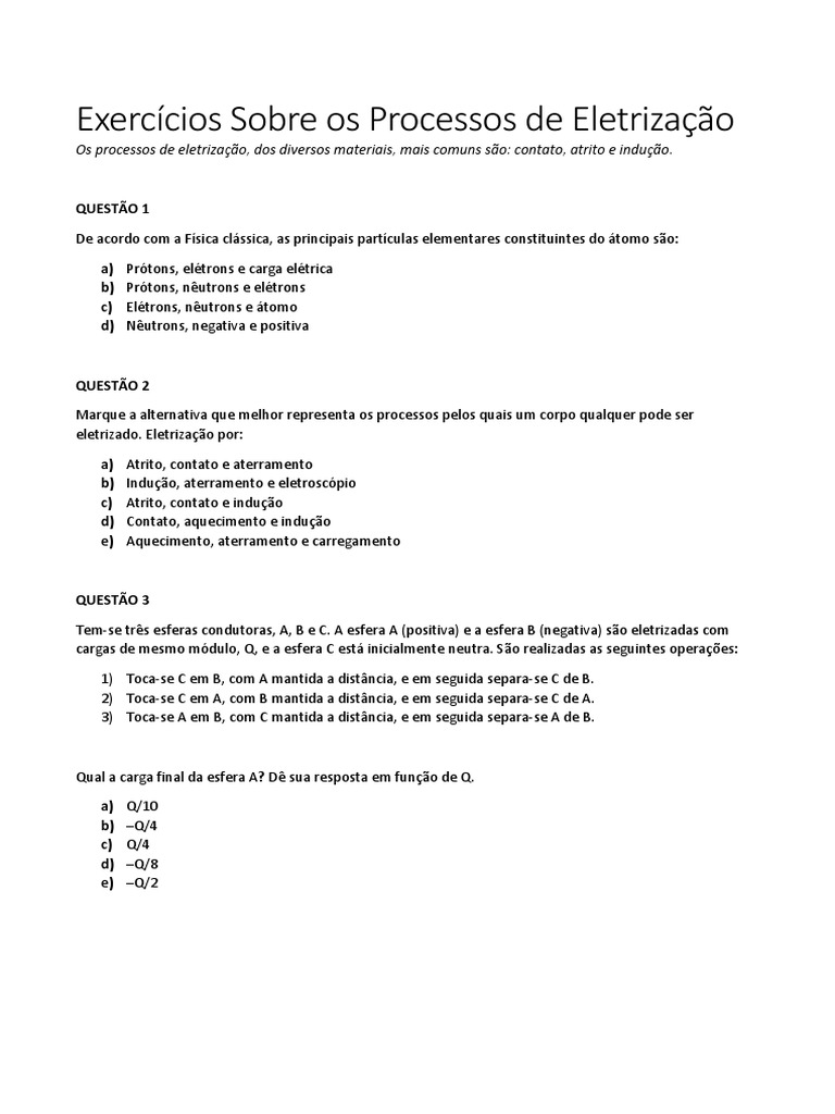 Exercícios Sobre Os Processos de Eletrização | PDF