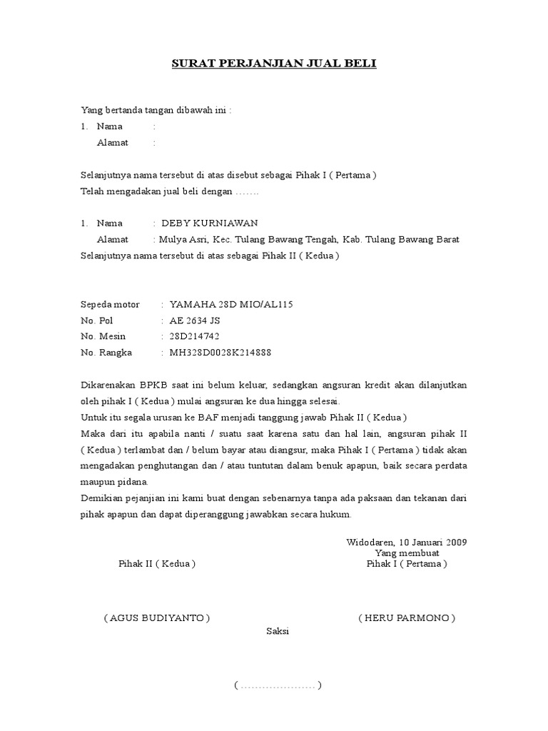 Surat Perjanjian Jual Beli Lucky
