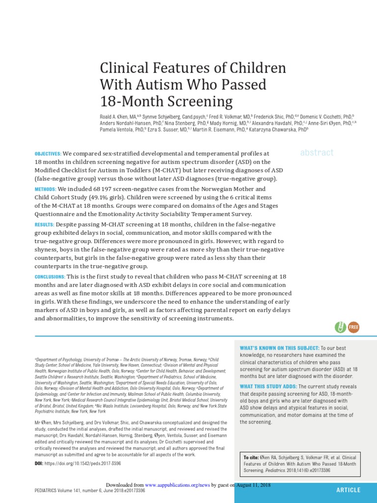 Clinical Features of Children With Autism Who Passed 18-Month Screening ...