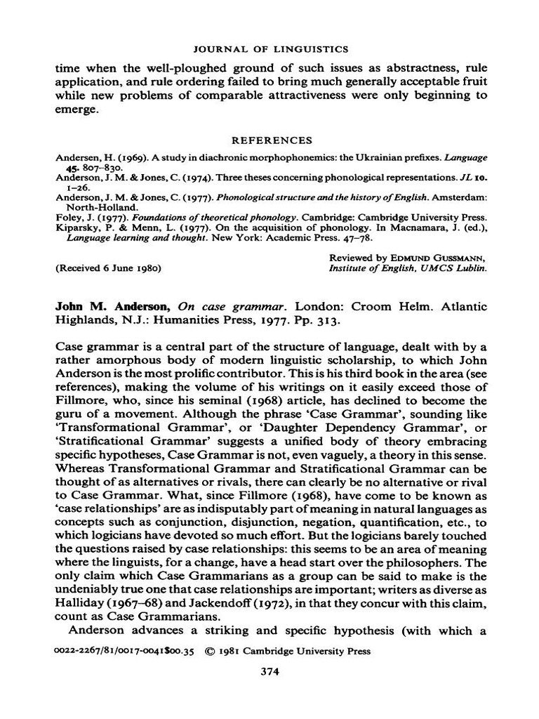 On Case Grammar, John Anderson PDF Linguistics Theory