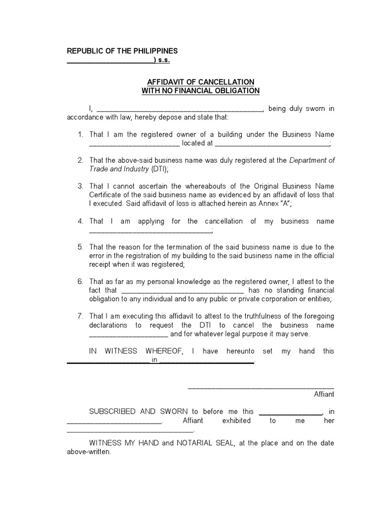 DTI Affidavit of Cancellation Form | PDF