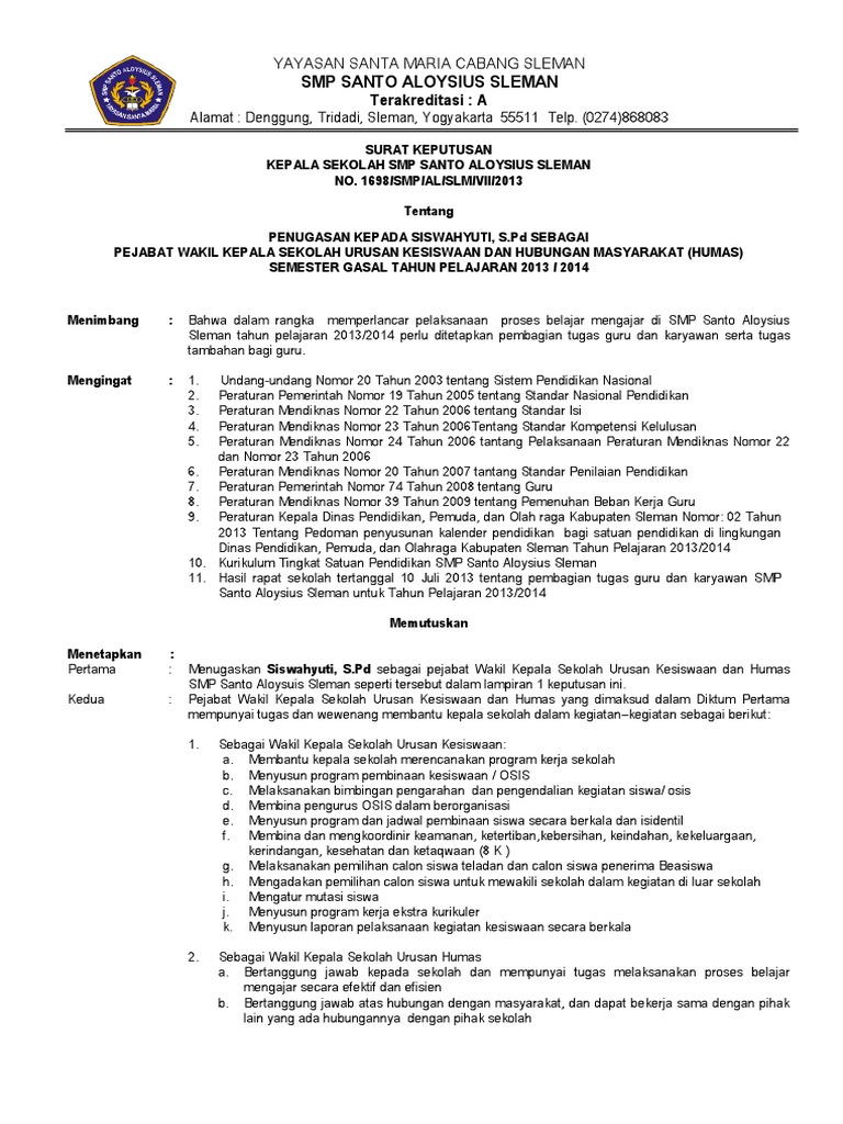 Sk Wa Kasek Kesiswaan Humas 2012 2013 Sem Gasal Pdf